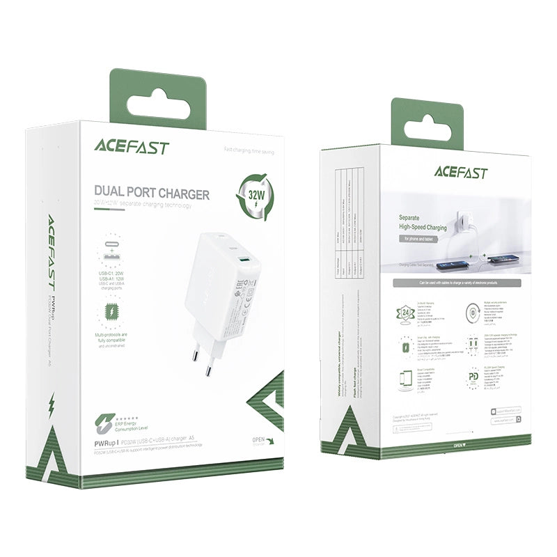 Acefast wall charger USB Type C / USB 32W, PPS, PD, QC 3.0, AFC, FCP white (A5 white)_4