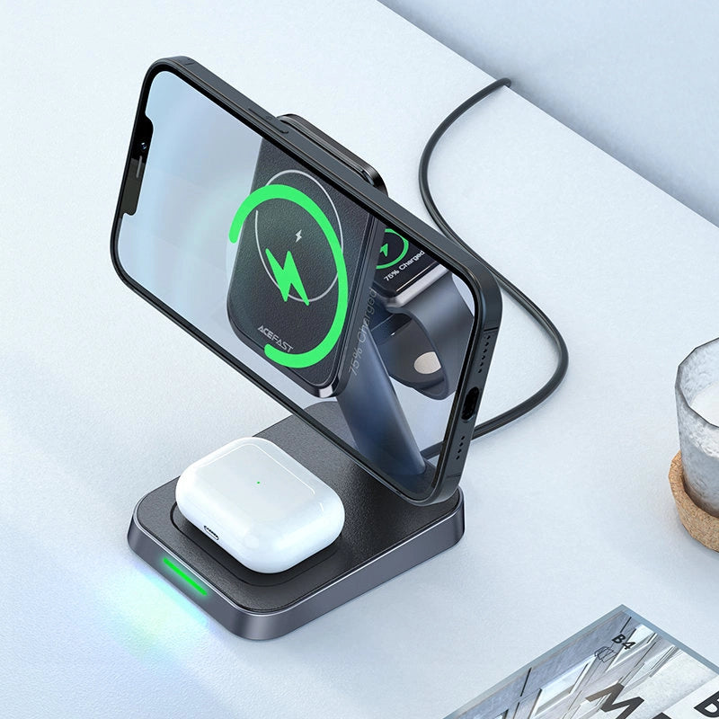 Acefast Qi Wireless Charger 15W for iPhone (with MagSafe), Apple Watch and Apple AirPods Stand Holder Magnetic Holder Black (E3 black)_5