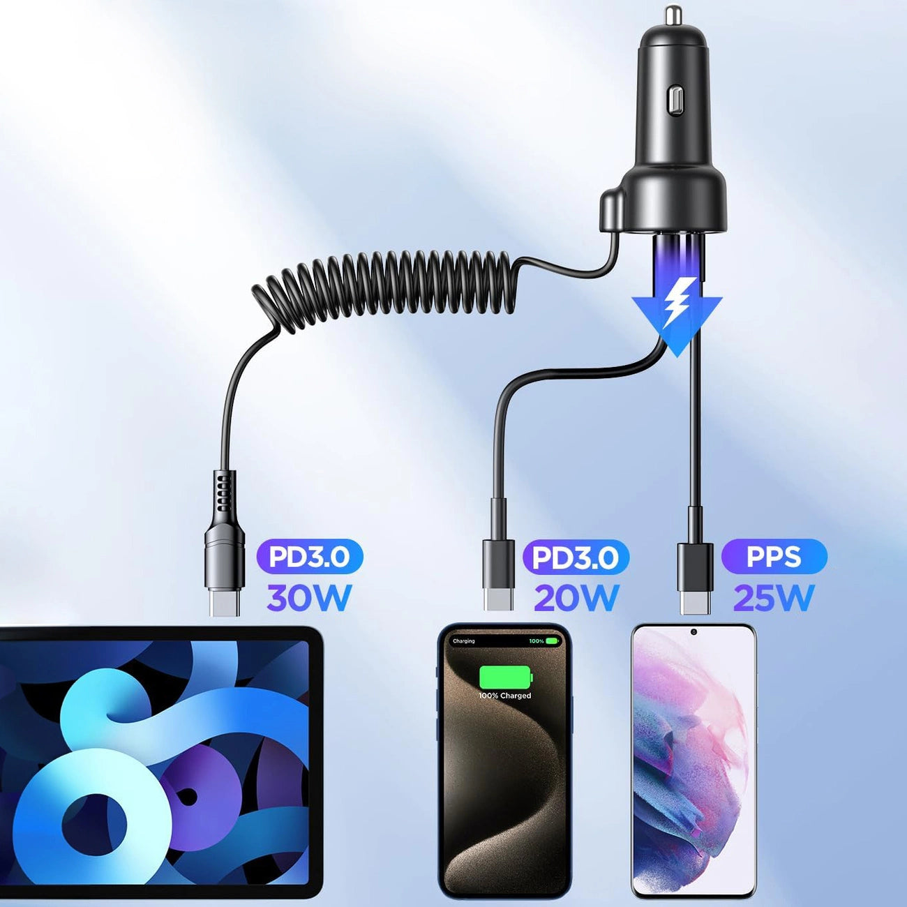 Car charger Joyroom JR-CL07, 3-in-1, 1x USB + 1x PD, 55W + Type-C cable (black)_6