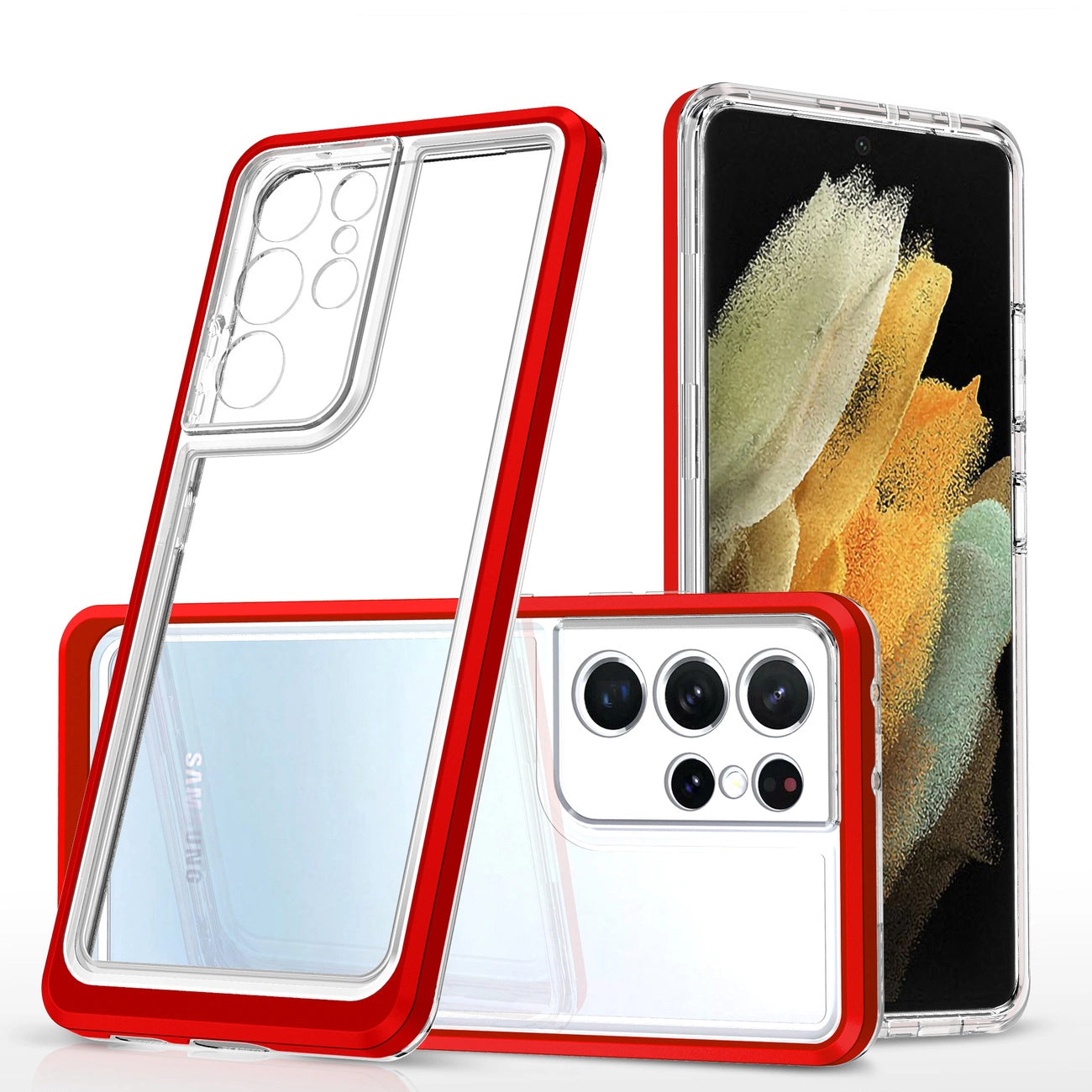 Clear 3in1 Case for Samsung Galaxy S21 Ultra 5G Frame Gel Cover Red_0