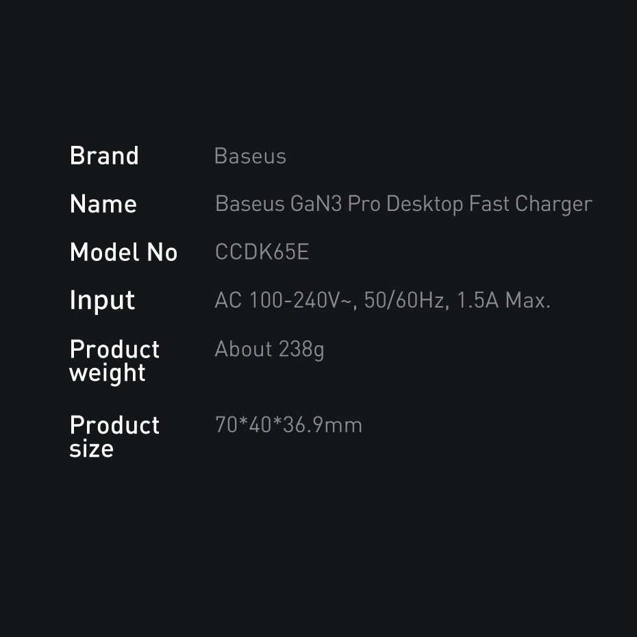 Baseus GaN3 Pro fast charger GaN 2 x USB Type C / 2 x USB 65W PD, QC4.0+, AFC, PPS + cable USB Type C - USB Type C 1m black (CCGP040101)_29