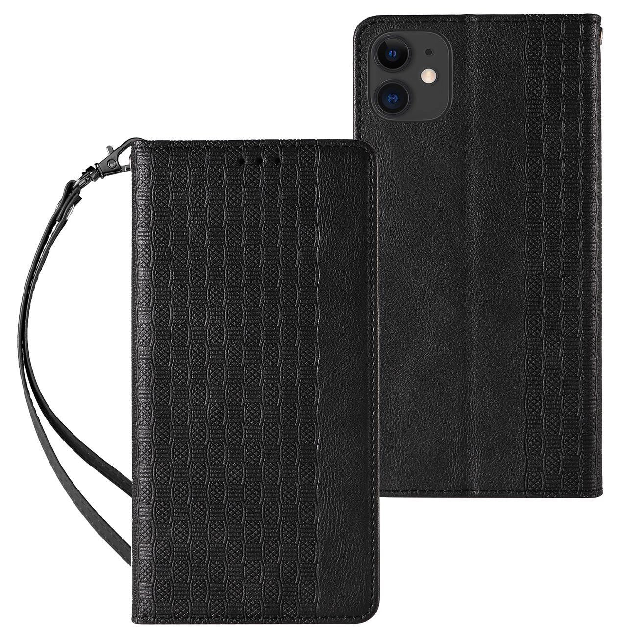 Magnet Strap Case for iPhone 12 Pouch Wallet + Mini Lanyard Pendant Black_0