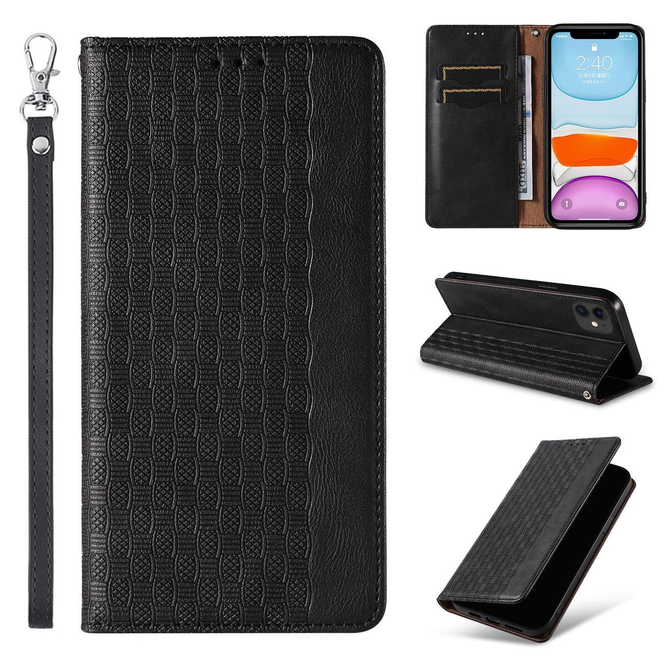 Magnet Strap Case for iPhone 12 Pouch Wallet + Mini Lanyard Pendant Black_7