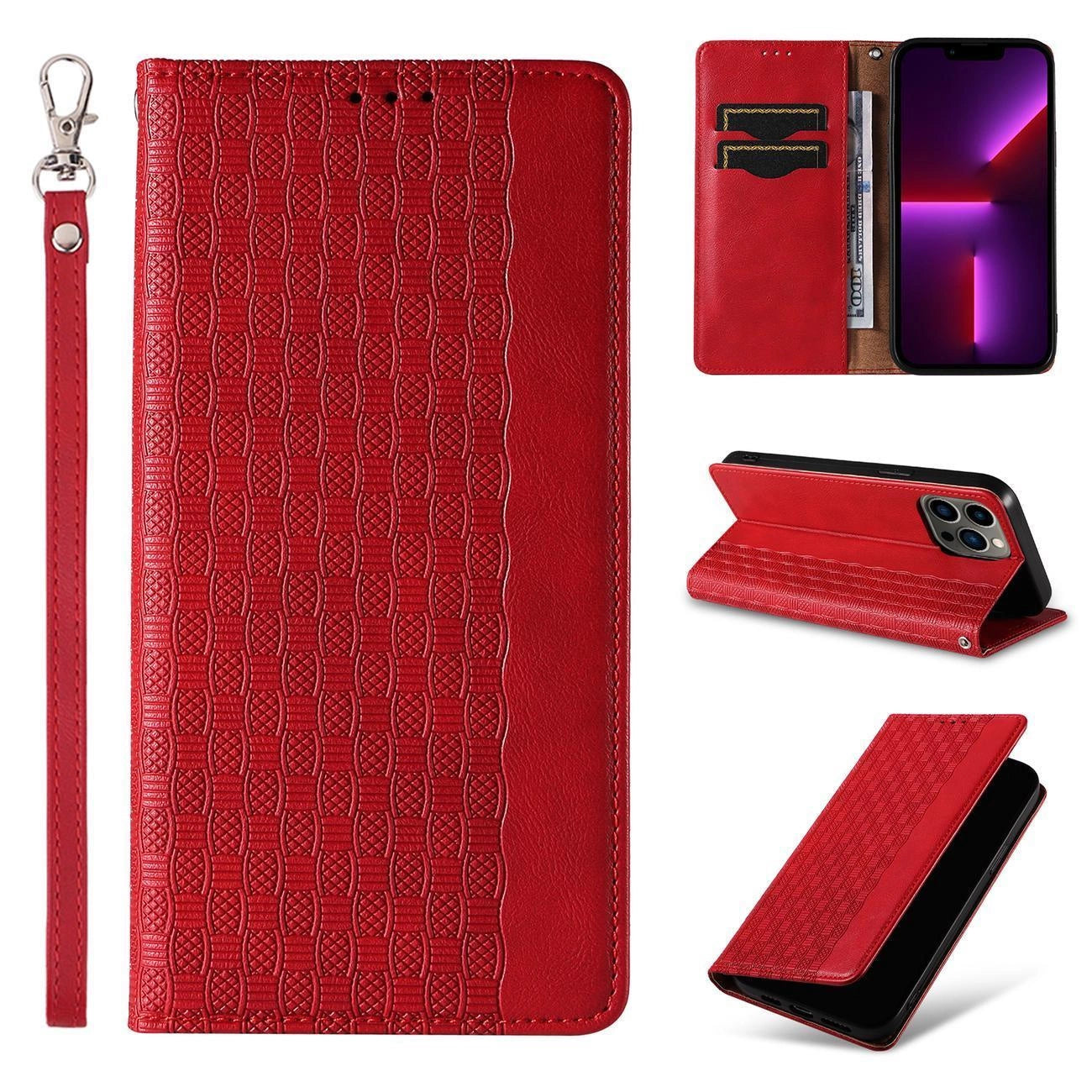 Magnet Strap Case Case for iPhone 13 Pro Pouch Wallet + Mini Lanyard Pendant Red_2