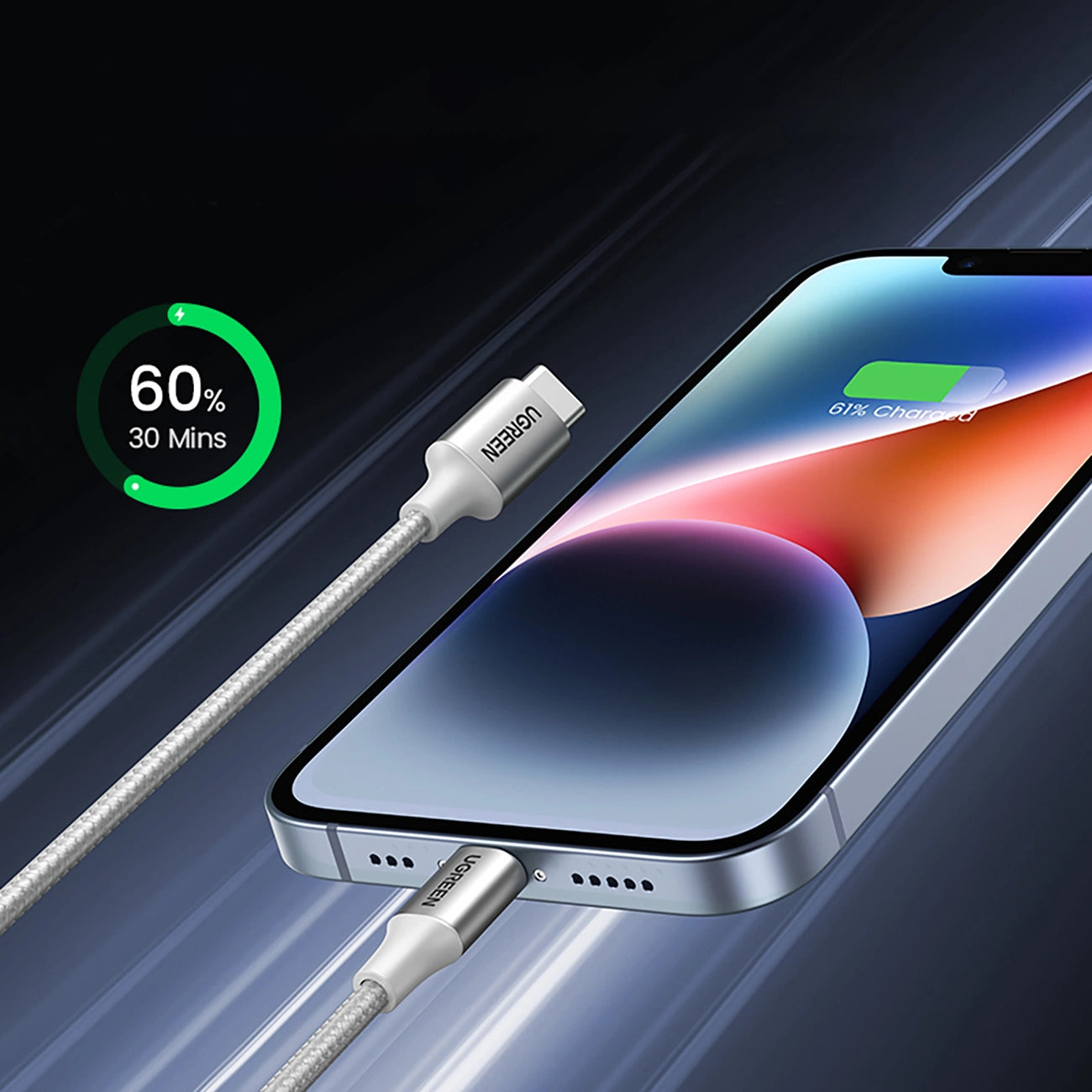 Cabo UGREEN US304 / USB-C para Lightning Fast-Charging / 1m / PD 36W / Trançado / Cinzento
