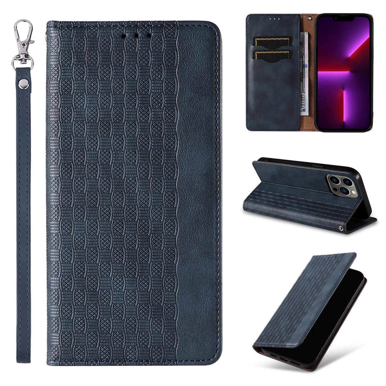 Magnet Strap Case Case for iPhone 14 Flip Wallet Mini Lanyard Stand Blue_2