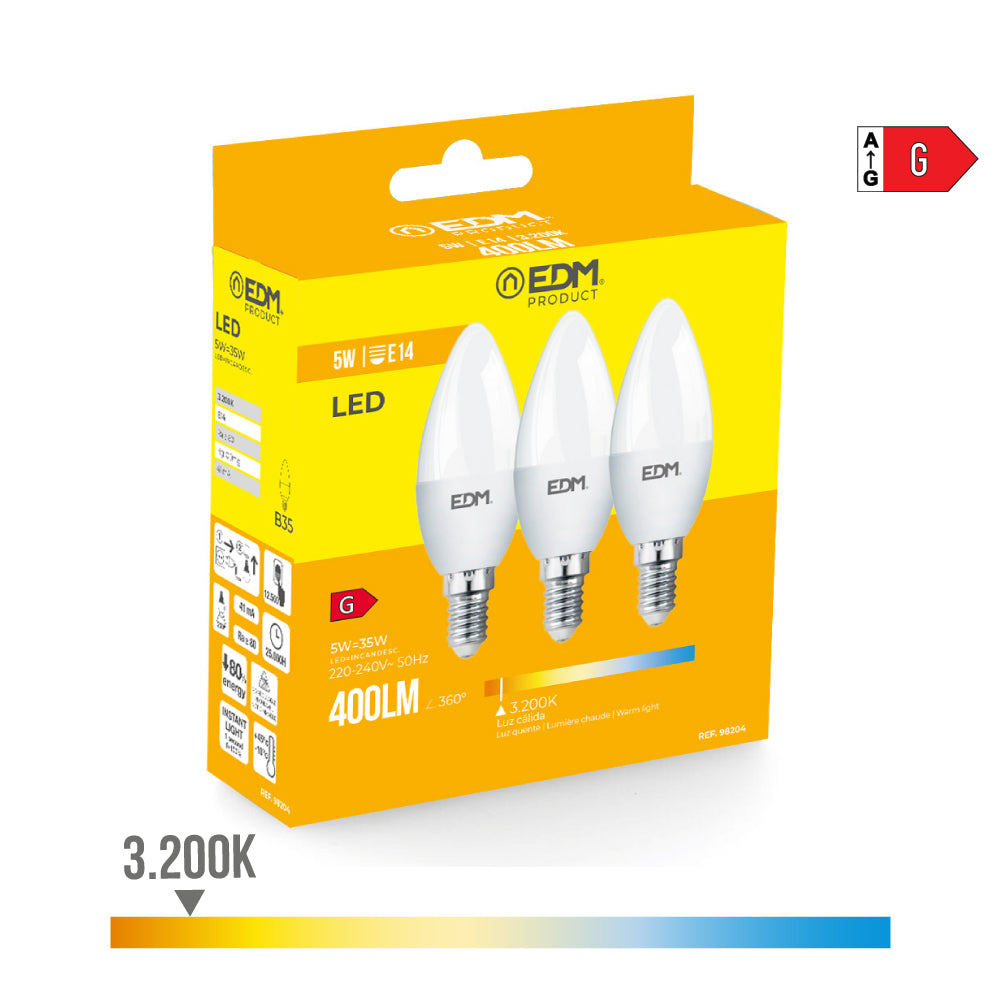 Kit 3 lâmpadas vela led e14 5w 400lm 3200k luz quente ø3.6x10cm edm_0