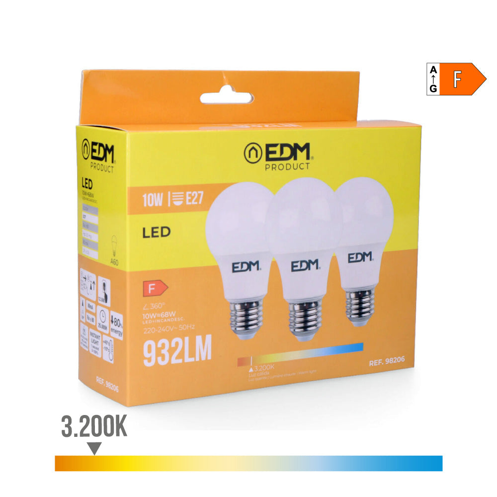 Kit 3 lâmpadas led standard e27 10w 932lm 3200k luz quente ø6x10,8cm edm_0