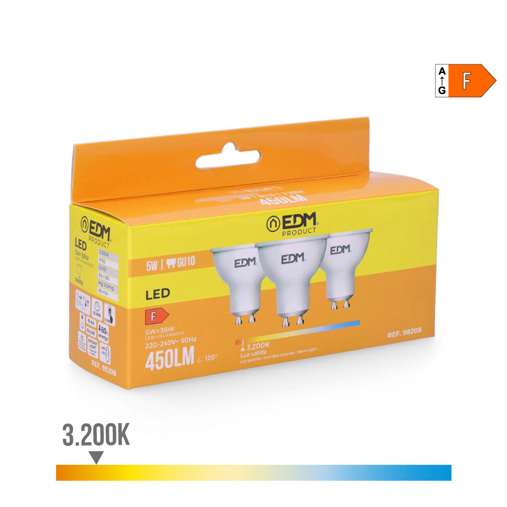 Kit 3 lâmpadas dicroicas led gu10 5w 450lm 3200k luz quente ø5x5,5cm edm_0