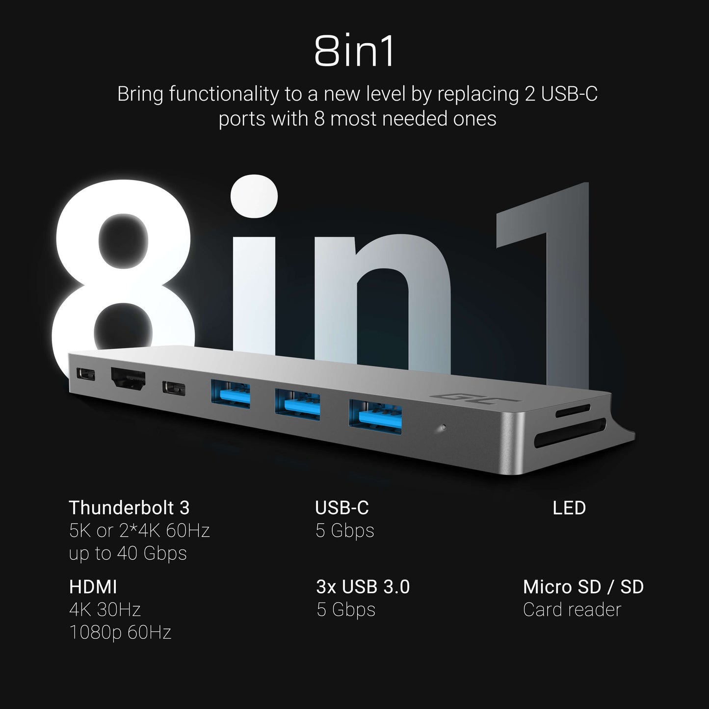 Green Cell Adapter HUB GC Connect60 8in1 (Thunderbolt 3, USB-C, HDMI, 3x USB 3.0, SD, microSD) for MacBook Pro 13/15" 2016-2020_2
