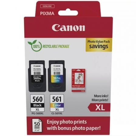 Cartucho de Tinta Original Canon PG-560XL + CL-561XL Multipack Alta Capacidad/ Negro/ Tricolor + Papel Fotográfico_0