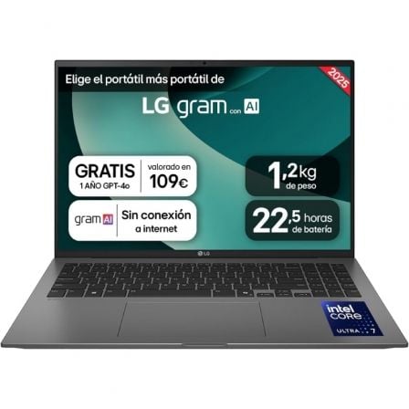 LG Gram 16ZD90T Intel Core Ultra 7 255H Portátil 40,6 cm (16") WQXGA 16 GB LPDDR5x-SDRAM 1 TB SSD Wi-Fi 7 (802.11be) FreeDOS Negro_1
