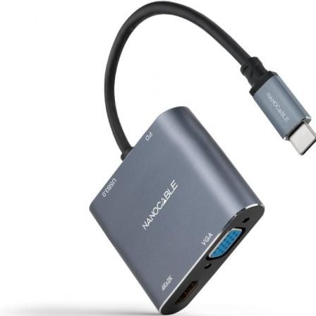 Conversor NANO CABLE / Gris / 10.16.4304 / USB Tipo-C Macho para HDMI 4K, VGA, USB Tipo-C PD e USB Hembra / 15cm