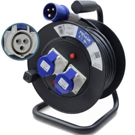 Regleta enrollable Phasak BN 3475/ 2 Enchufe industrial 2P+TT/ Cable 25m/ Negro y Azul_0