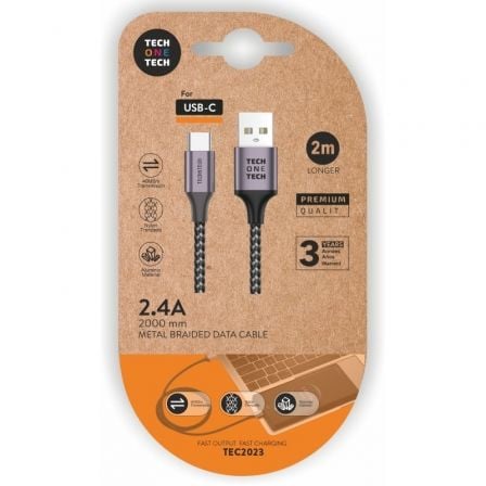 Cabo USB 2.0 Tipo-C Tech One Tech / 2m / Gris / TEC2023