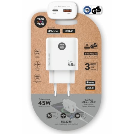 Cargador de Pared GaN Tech One Tech TEC2245/ 1xUSB Tipo-C/ 1xUSB/ 45W_0