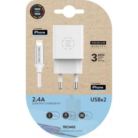 Cargador de Pared Tech One Tech TEC2402/ 2xUSB + Cable Lightning/ 2.4A/ Blanco_0