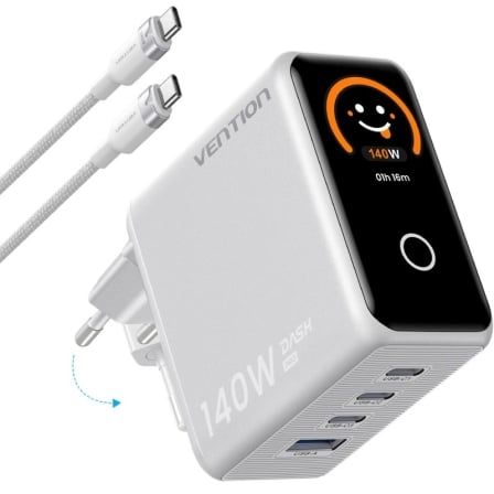 Cargador de Pared GaN Vention TZ-FCOI0-EU/ 3xUSB Tipo-C + Cable USB Tipo-C/ 1xUSB/ 140W_0