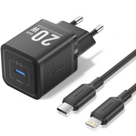 Cargador Gan de Pared Vention TZ-FEPB0-EU-02/ 1xUSB Tipo-C + Cable Lightning/ 20W_0