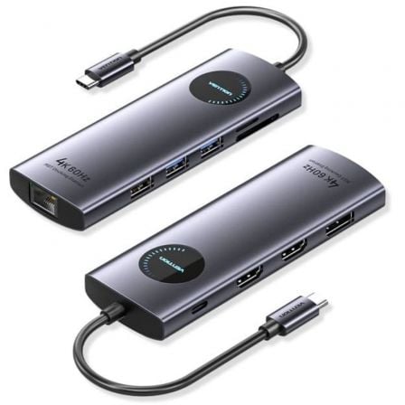 Docking USB Tipo-C Vention TQWHB/ 2xHDMI 4K/ 1xDisplayPort/ 3xUSB/ 1xUSB Tipo-C PD/ 1xRJ45/ 1xLector Tarjetas/ Gris_0