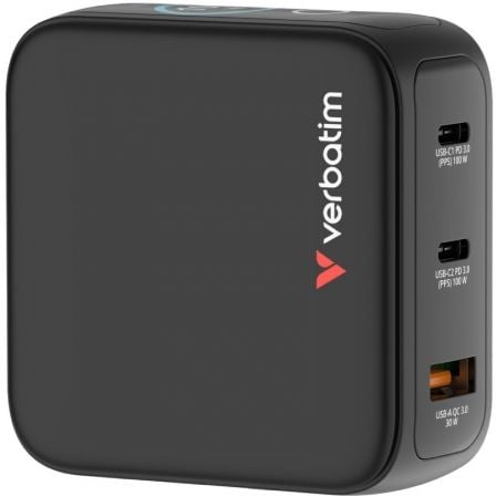 Cargador de Pared Universal GaN para Viaje Verbatim Mini GaN Charger Con Pantalla/ 2xUSB Tipo-C/ 1xUSB/ 100W_0