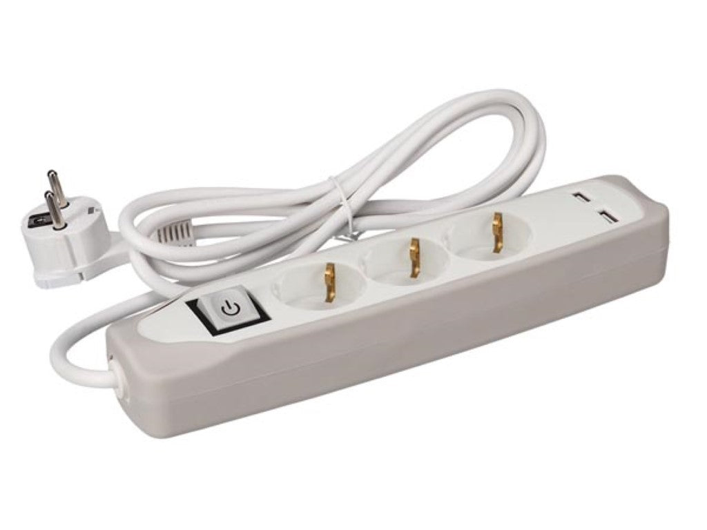 TOMADA DE 3 ENTRADAS COM INTERRUPTOR - 2 PORTAS USB - CINZENTO/BRANCO - SCHUKO_0