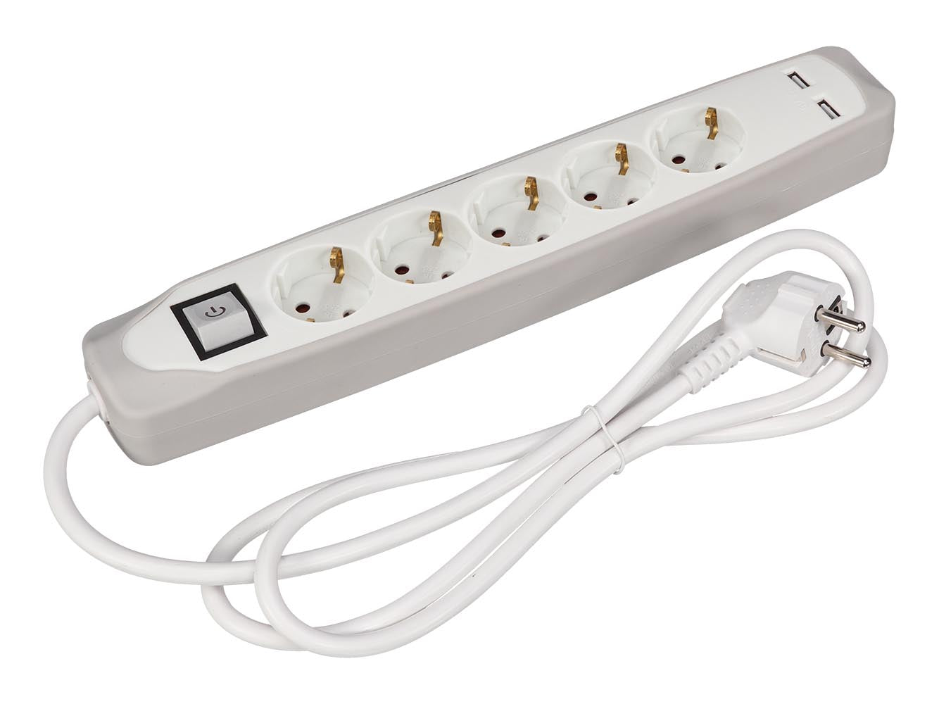 TOMADA DE 5 ENTRADAS COM INTERRUPTOR - 2 PORTAS USB - CINZENTO/BRANCO - SCHUKO_0