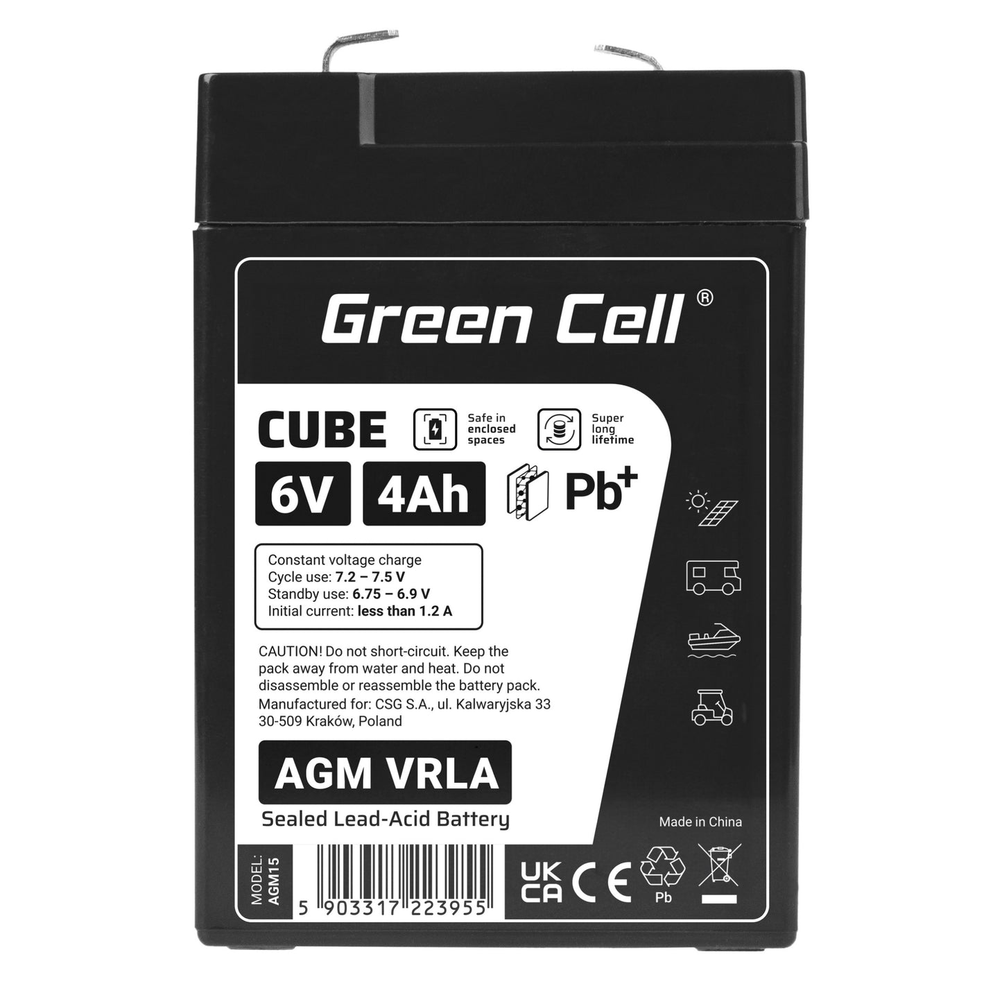 Green Cell Cube AGM VRLA IP54 6V 4Ah bezobsługowy akumulator do systemu alarmowego kasy fiskalnej zabawki_4