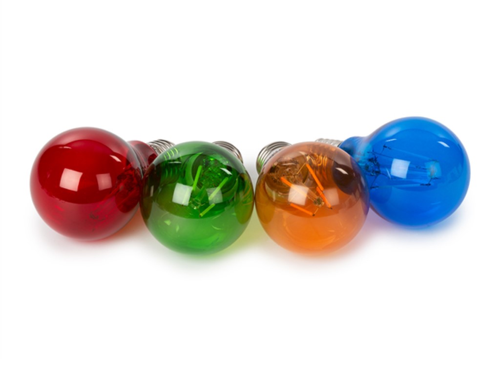 CONJUNTO DE LÂMPADAS DE FILAMENTO - A60 - VIDRO COLORIDO - 4 unids. - VERMELHO - VERDE - AZUL - LARANJA_0