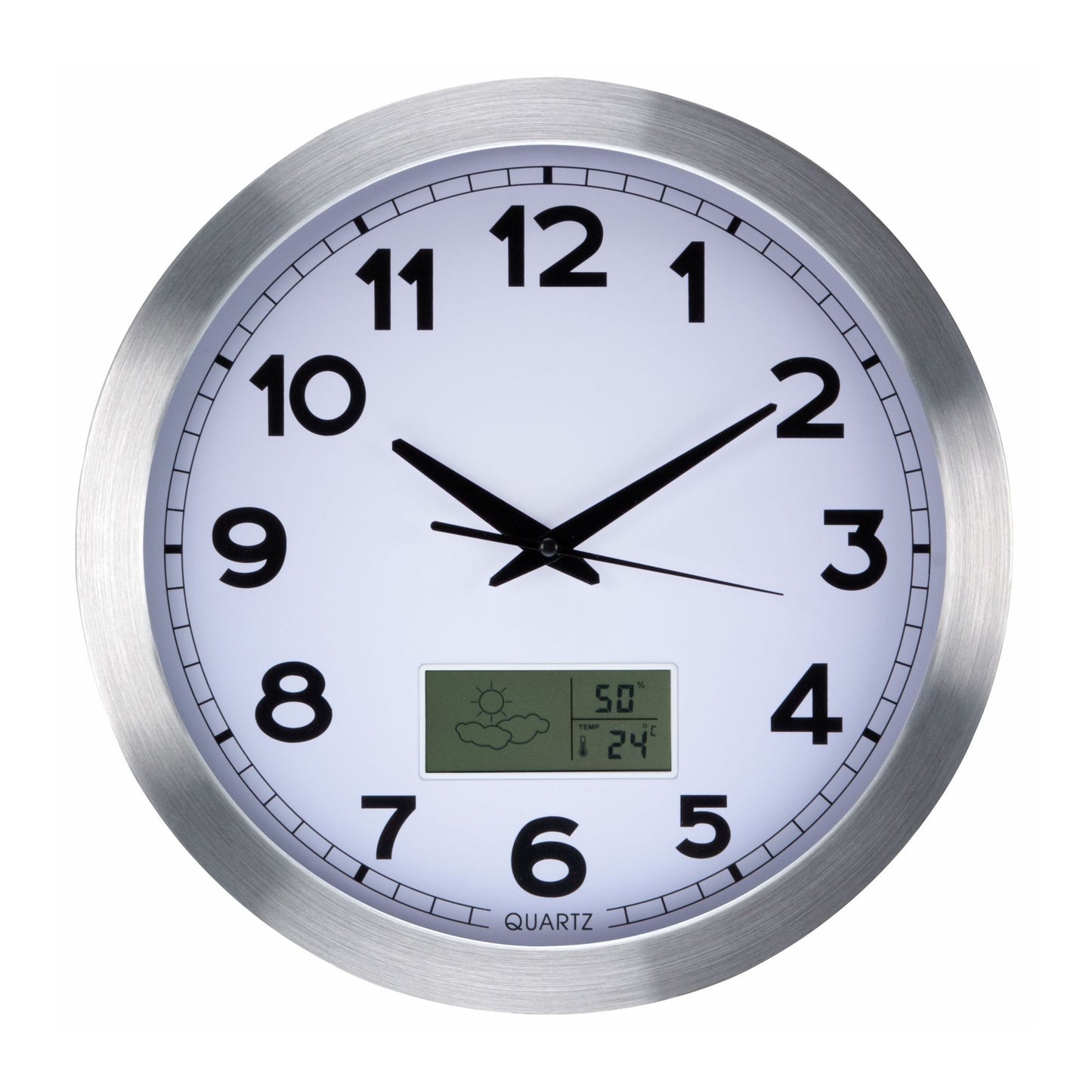 RELÓGIO DE PAREDE EM ALUMÍNIO COM LCD, TERMÓMETRO, HIGRÓMETRO E PREVISÃO DO TEMPO Ø 35 cm_0