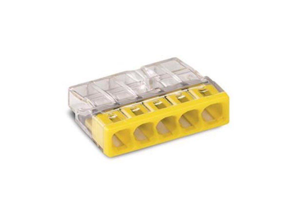 CONECTOR DE EMENDA COMPACTO - PARA CONDUTORES SÓLIDOS - máx. 2.5 mm² - 5 CONDUTORES - INVÓLUCRO TRANSPARENTE - TAMPA AMARELA_0