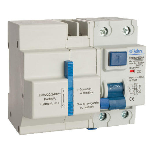 Disjuntor diferencial 2p 40a 30ma ac c/rearme automÃ¡tico com 3 tempos (retractilado) solera cbra2p4030a_0