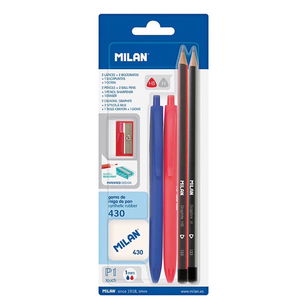BlÃ­ster de 2 canetas p1 (azul/vermelho) 2 lÃ¡pis grafito hb e h, borracha 430 e afia milan cores / modelos diversos_0