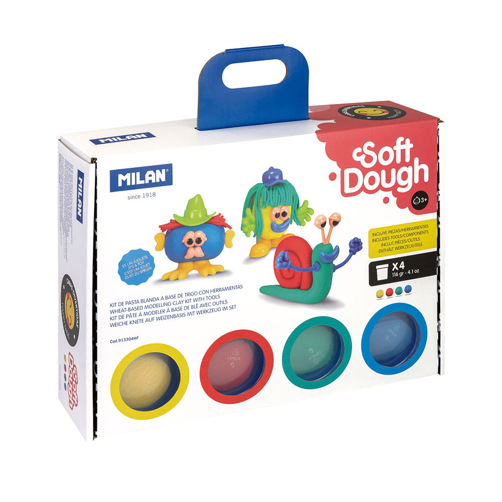 Mala com 4 frascos de 116g de plasticina soft dough com ferramentas "caras divertidas" milan_0