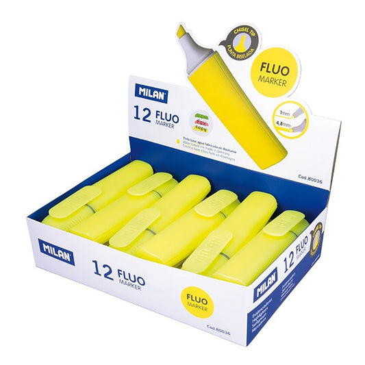 Caixa expositor com 12 marcadores fluorescentes cor amarelo milan_0