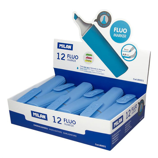 Caixa expositora com 12 marcadores fluorescentes cor azul milan_0