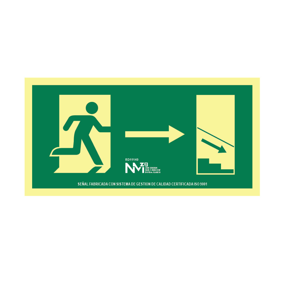 Sinal evacuaÃ§Ã£o escadas abaixo Ã  direita pvc 0,7mm classe b 32x16cm b11140 normaluz_0