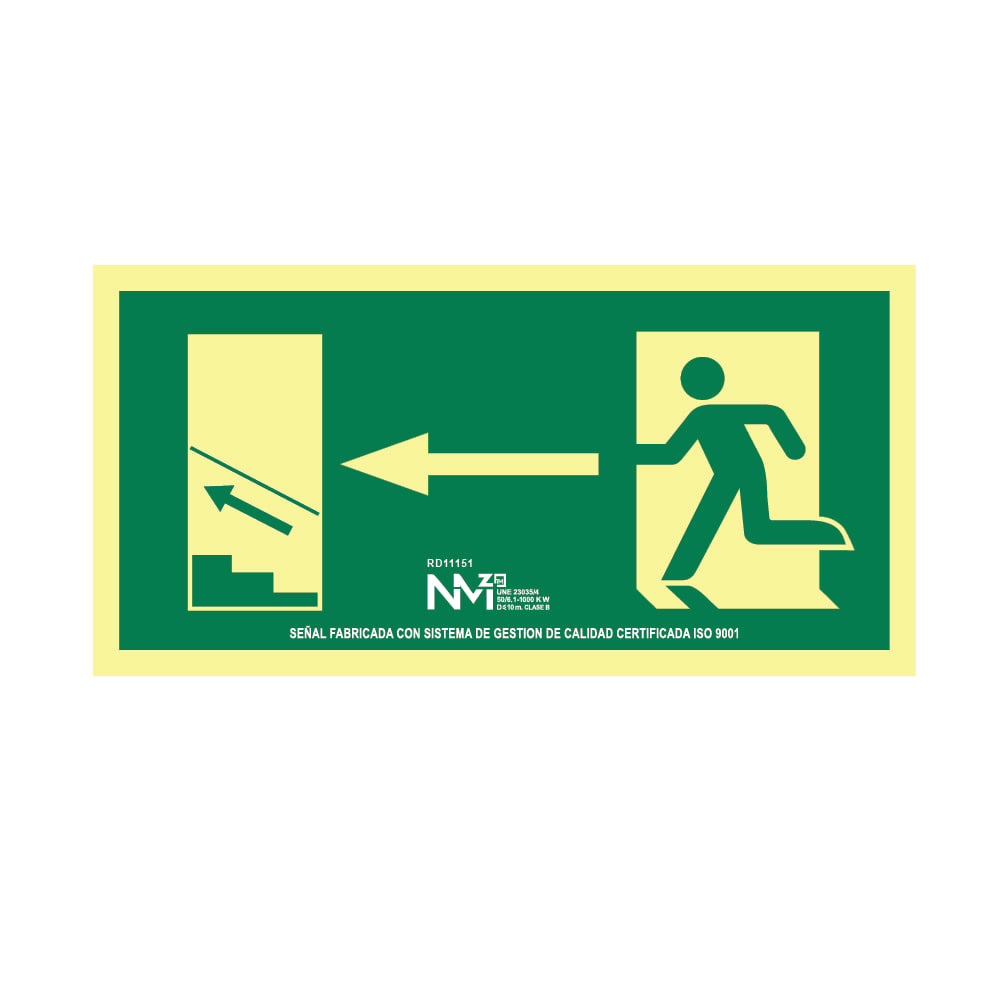 Sinal evacuaÃ§Ã£o escadas acima Ã  esquerda pvc 0,7mm classe b 32x16cm b11151 normaluz_0