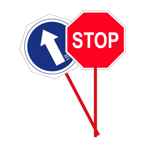 Placa manual de sinalizaÃ§Ã£o dupla face com stop e sentido obrigatÃ³rio, pvc 2 mm, Ã¸ 30 cm_0