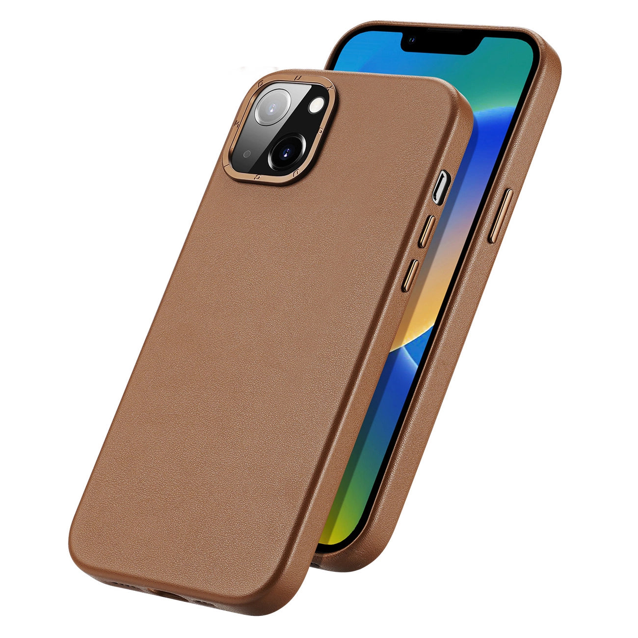 Dux Ducis Grit Leather Case for iPhone 14 Elegant Faux Leather Cover (MagSafe Compatible) Brown_1
