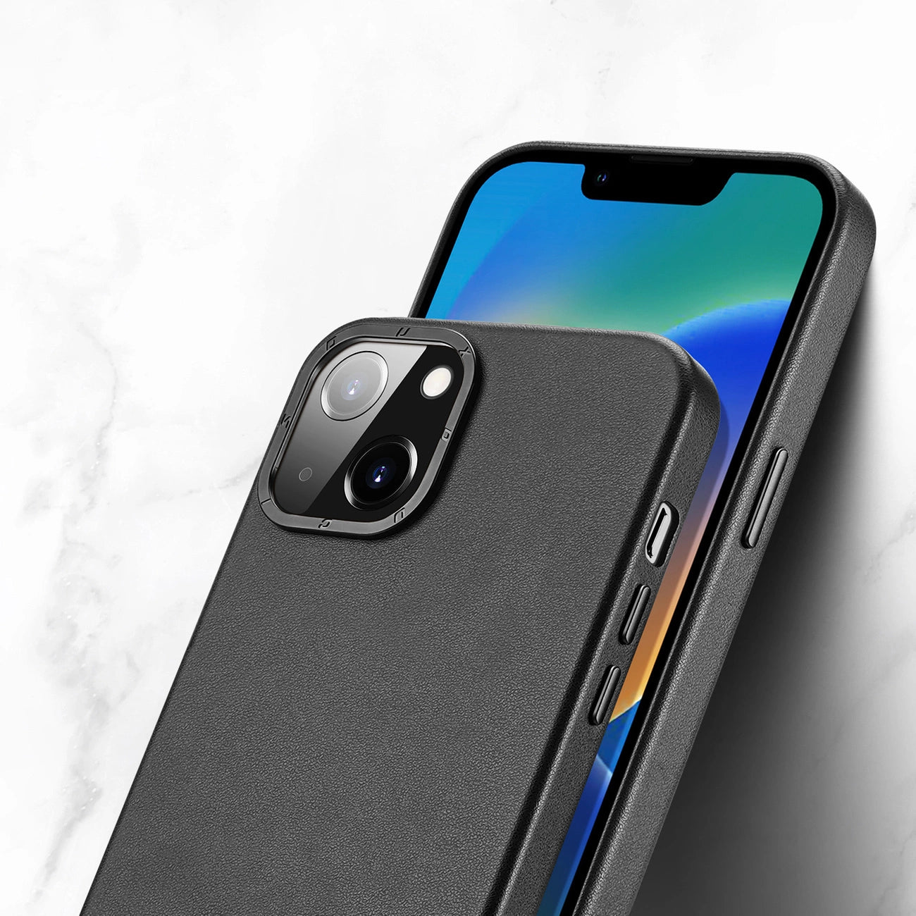 Dux Ducis Grit Leather Case for iPhone 14 Plus Elegant Faux Leather Cover (MagSafe Compatible) Black_6