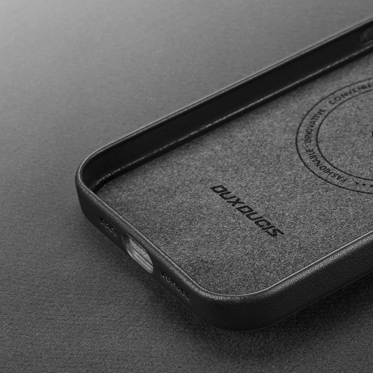 Dux Ducis Grit Leather Case for iPhone 14 Plus Elegant Faux Leather Cover (MagSafe Compatible) Black_9