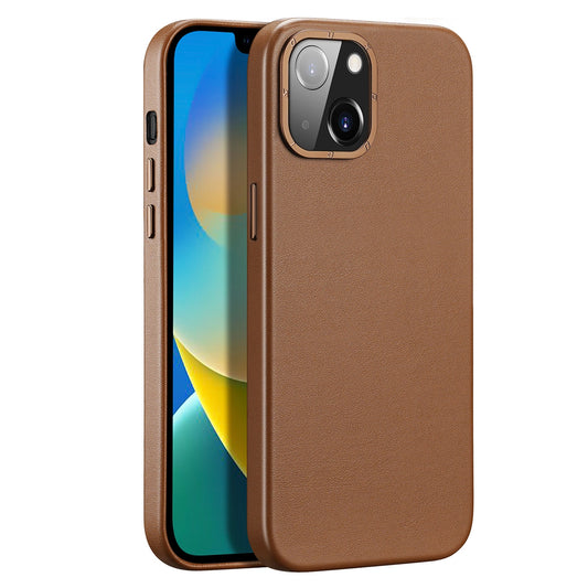 Dux Ducis Grit Leather Case for iPhone 14 Plus Elegant Faux Leather Cover (MagSafe Compatible) Brown_0