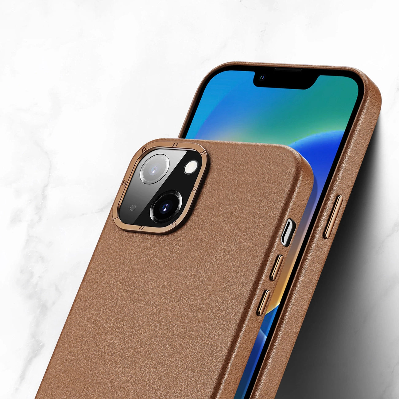 Dux Ducis Grit Leather Case for iPhone 14 Plus Elegant Faux Leather Cover (MagSafe Compatible) Brown_6