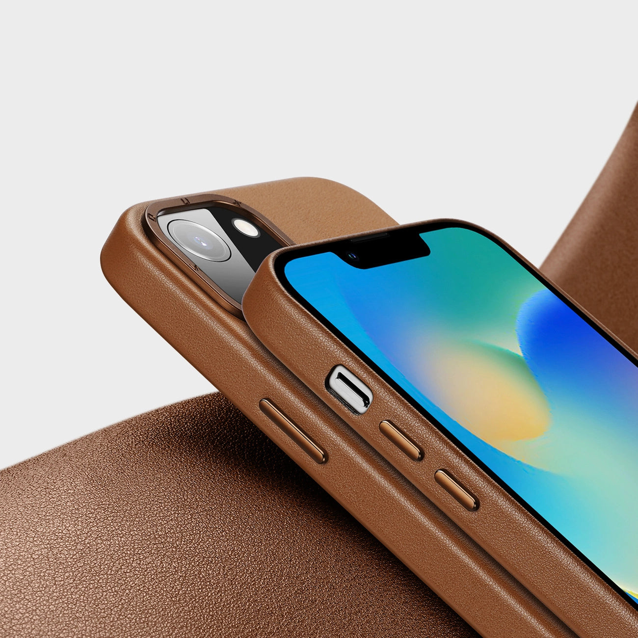 Dux Ducis Grit Leather Case for iPhone 14 Plus Elegant Faux Leather Cover (MagSafe Compatible) Brown_8