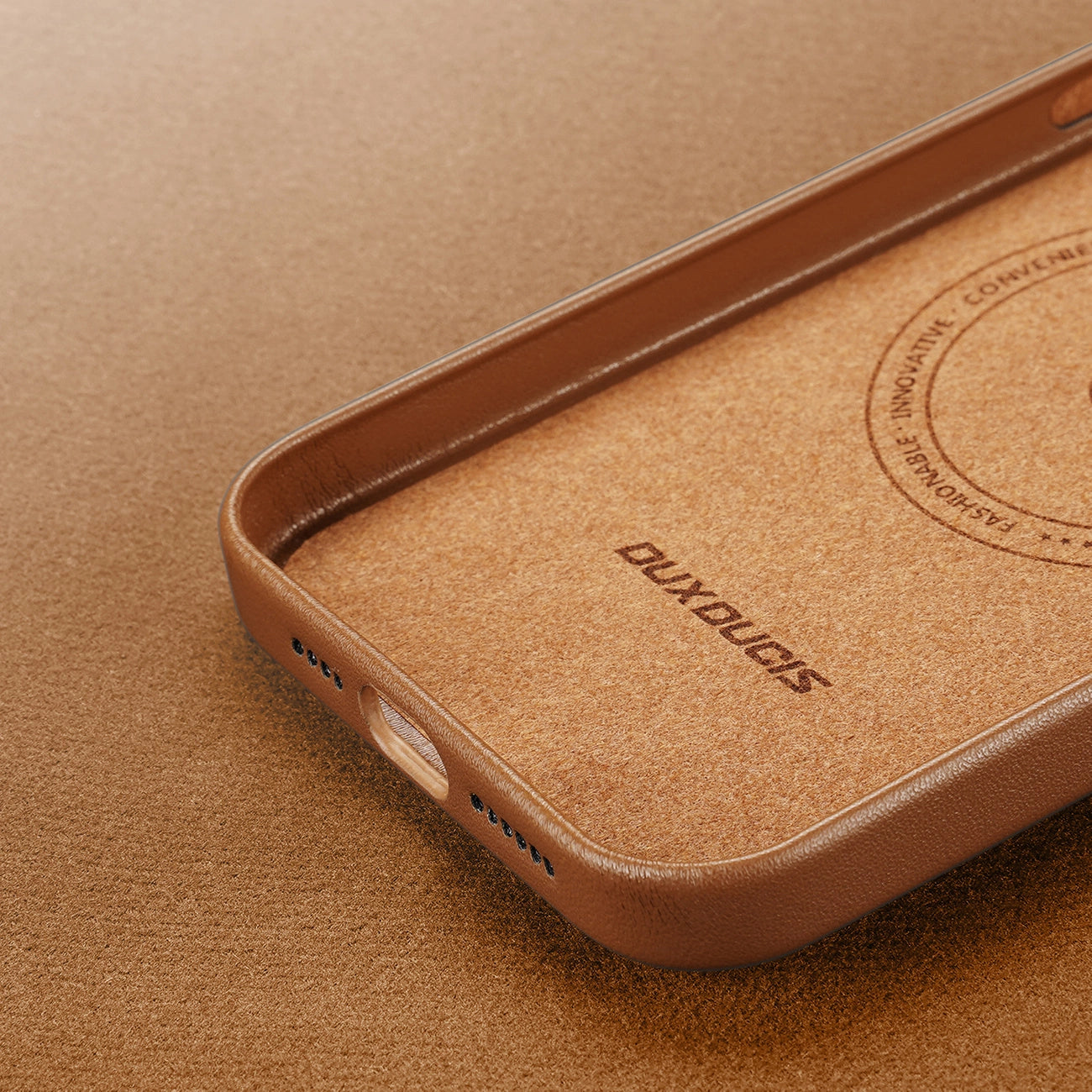 Dux Ducis Grit Leather Case for iPhone 14 Plus Elegant Faux Leather Cover (MagSafe Compatible) Brown_9