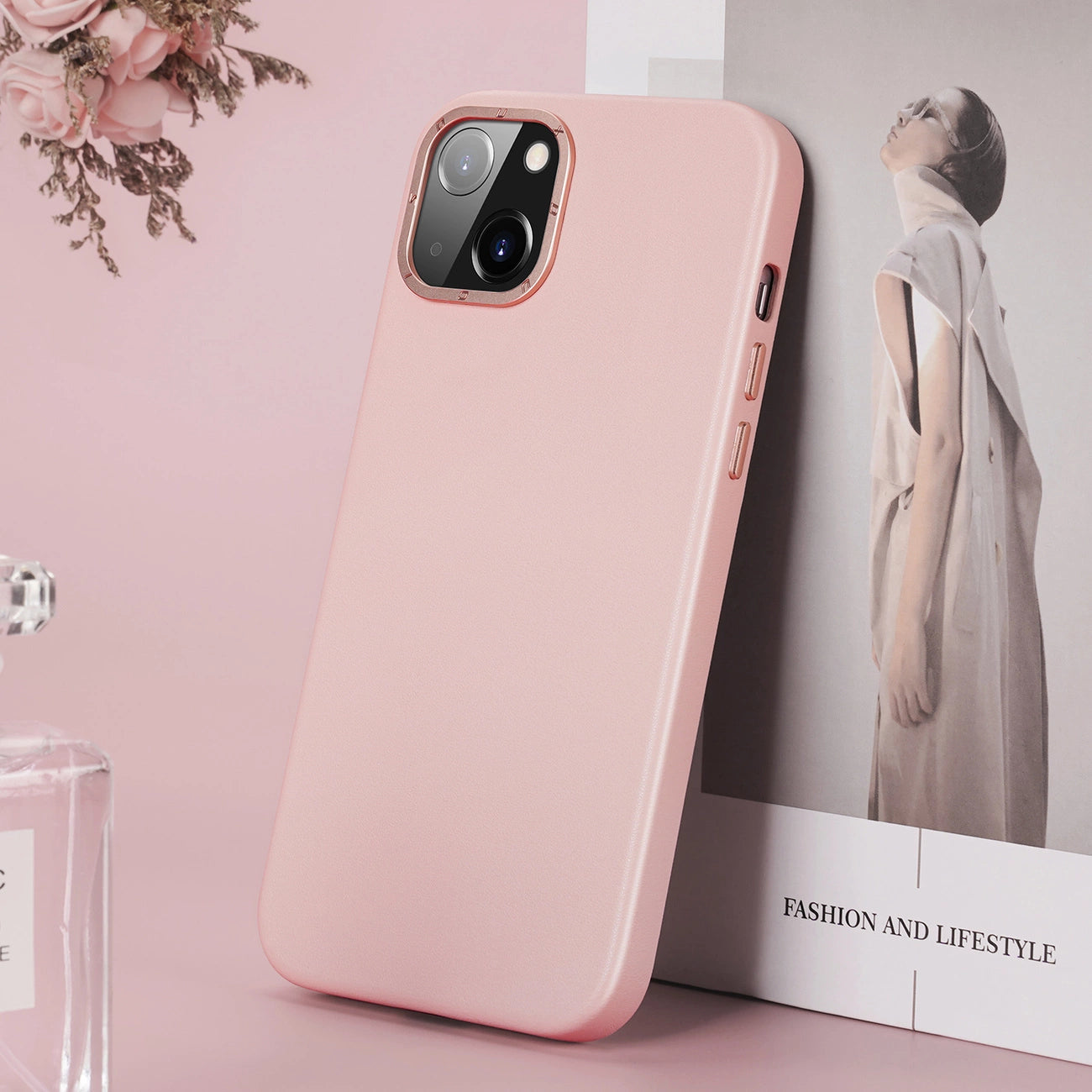 Dux Ducis Grit Leather Case for iPhone 14 Plus Elegant Faux Leather Cover (MagSafe Compatible) Pink_10