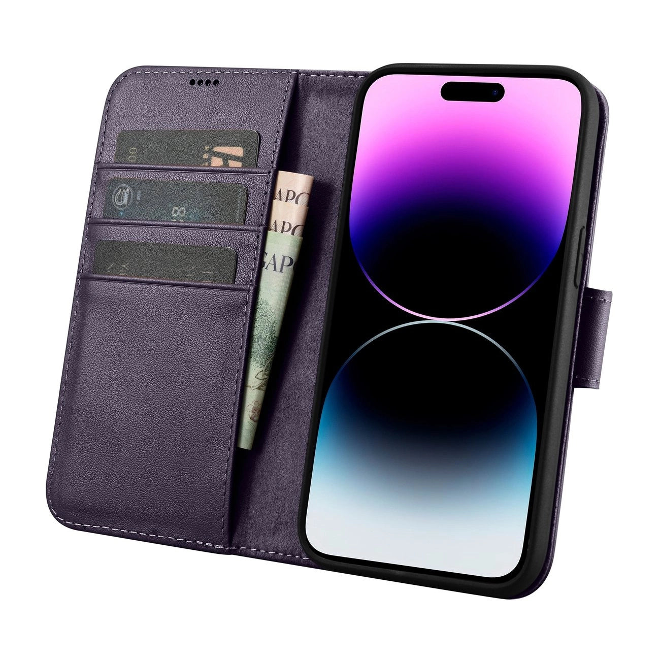 iCarer Wallet Case 2in1 Cover iPhone 14 Pro Anti-RFID Leather Flip Case Dark Purple (WMI14220726-DP)_2
