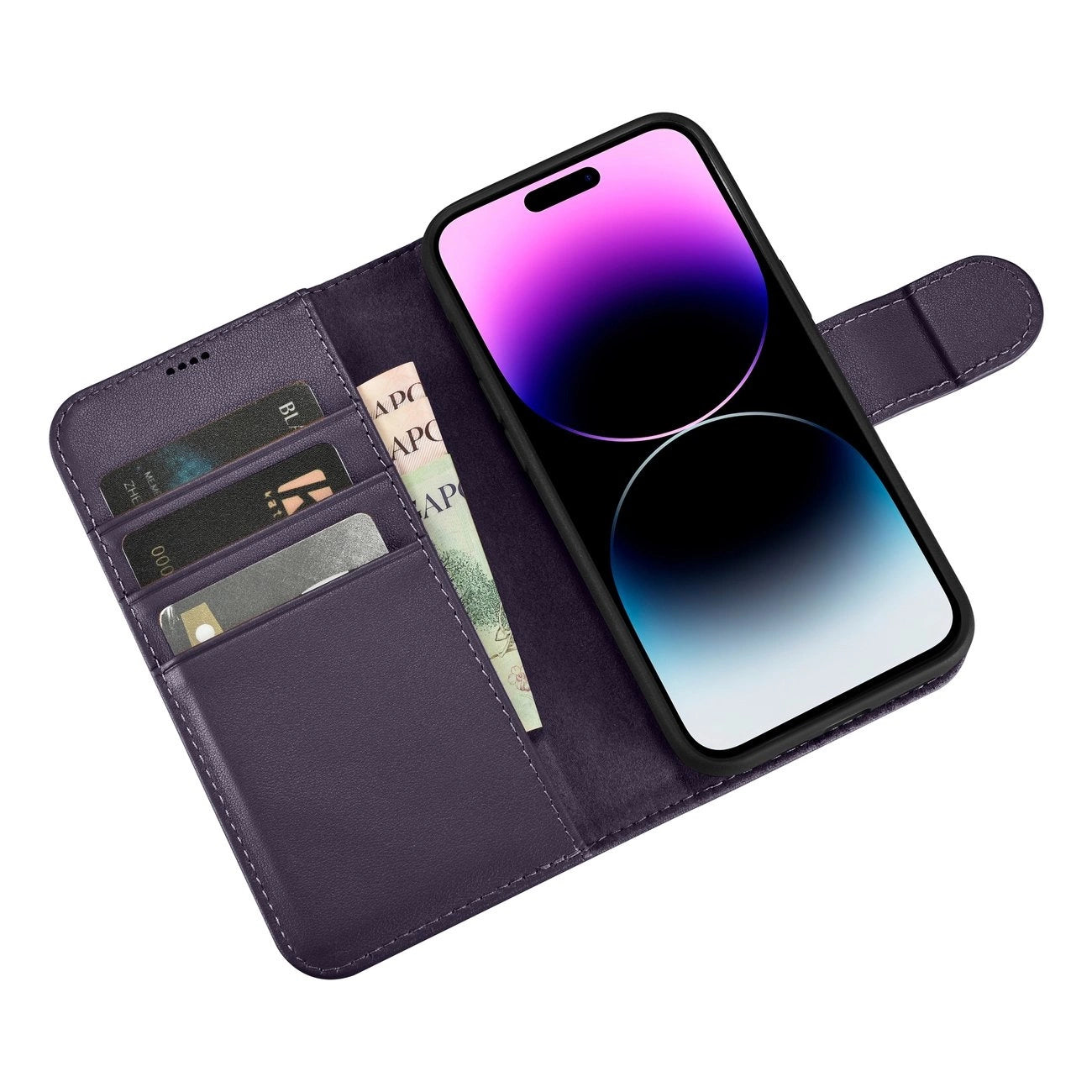 iCarer Wallet Case 2in1 Cover iPhone 14 Pro Anti-RFID Leather Flip Case Dark Purple (WMI14220726-DP)_8