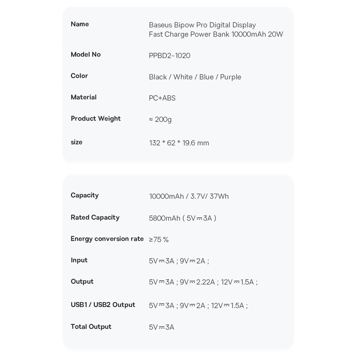 Baseus Bipow Pro Power Bank 10000mAh 20W Purple with USB Type A - USB Type C 3A 0.3m Cable (PPBD040205)_21